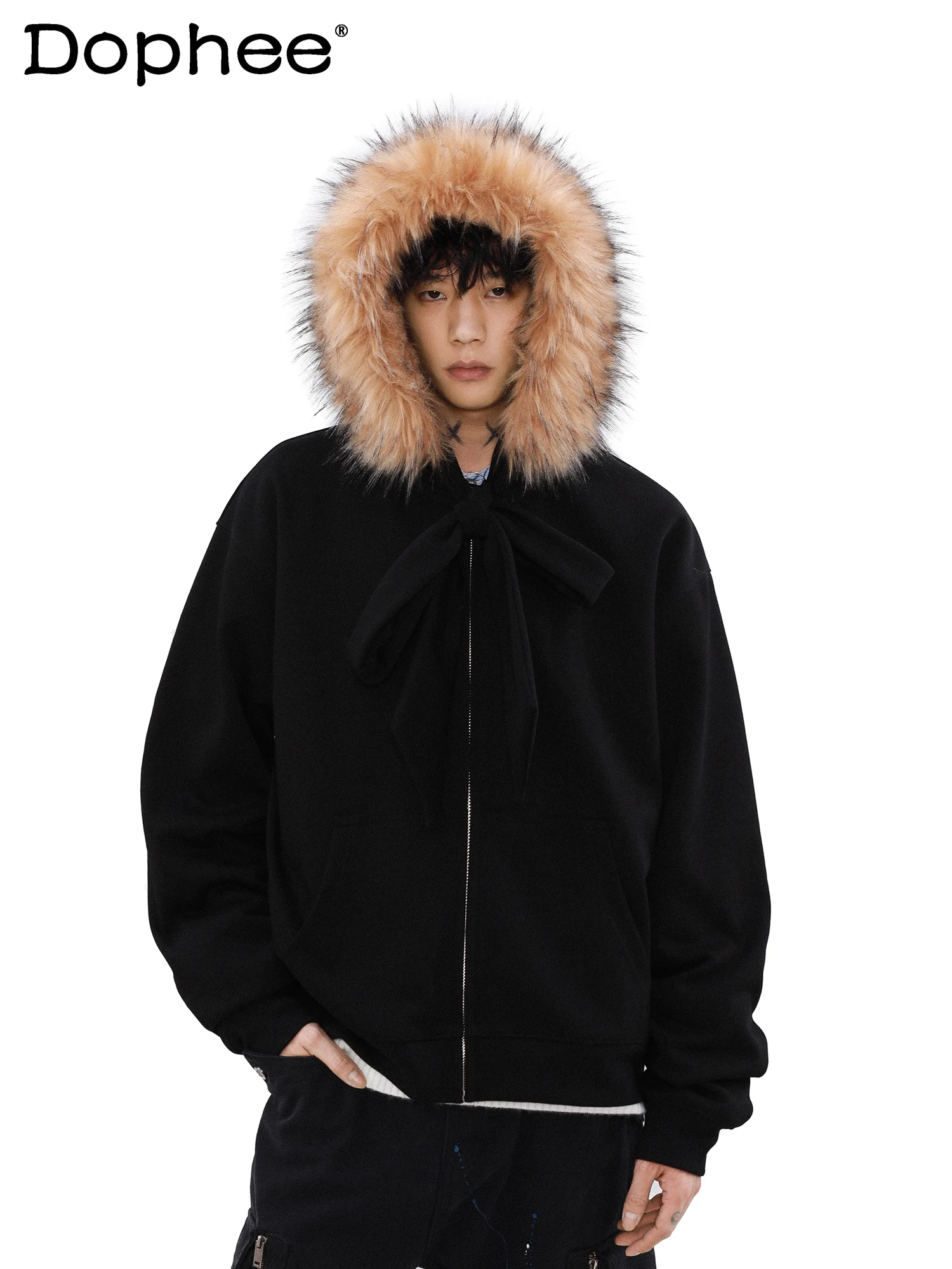 

Американская мода, модный дизайн, толстовка с капюшоном и меховым воротником на шнуровке, стильный зимний флисовый кардиган на молнии, куртка для мужчин