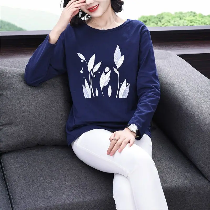 Casual O-Neck Pure Cotton Leaf Pattern Spliced Women\'s Clothing Spring Summer Bright Line Decoration T-Shirts Long Sleeve Tops