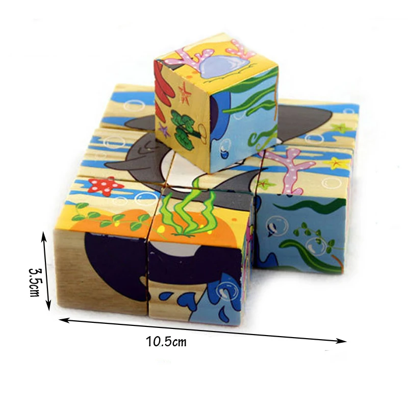 Houten Cartoon Dier Puzzel Speelgoed Voor Kinderen 9-Stuk Zes Zijden Wijsheid 3d Puzzel Vroege Educatie Speelgoed Voor Kinderen Spel Speelgoed