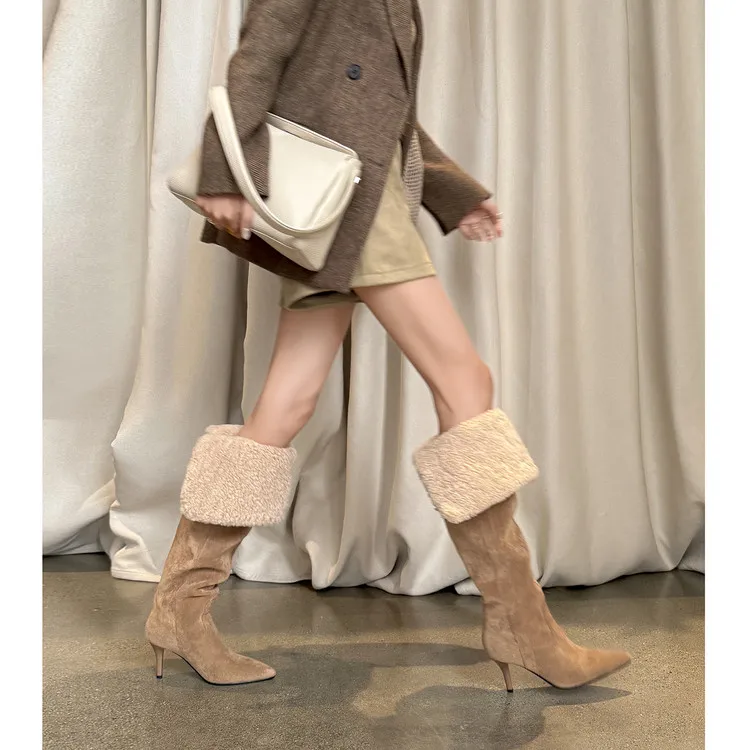 Women Faux Suede Over The Knee Boots Pointed Toe Stiletto Heel Folded Lamb Wool Cuff Warm Winter Fashion Boots F672