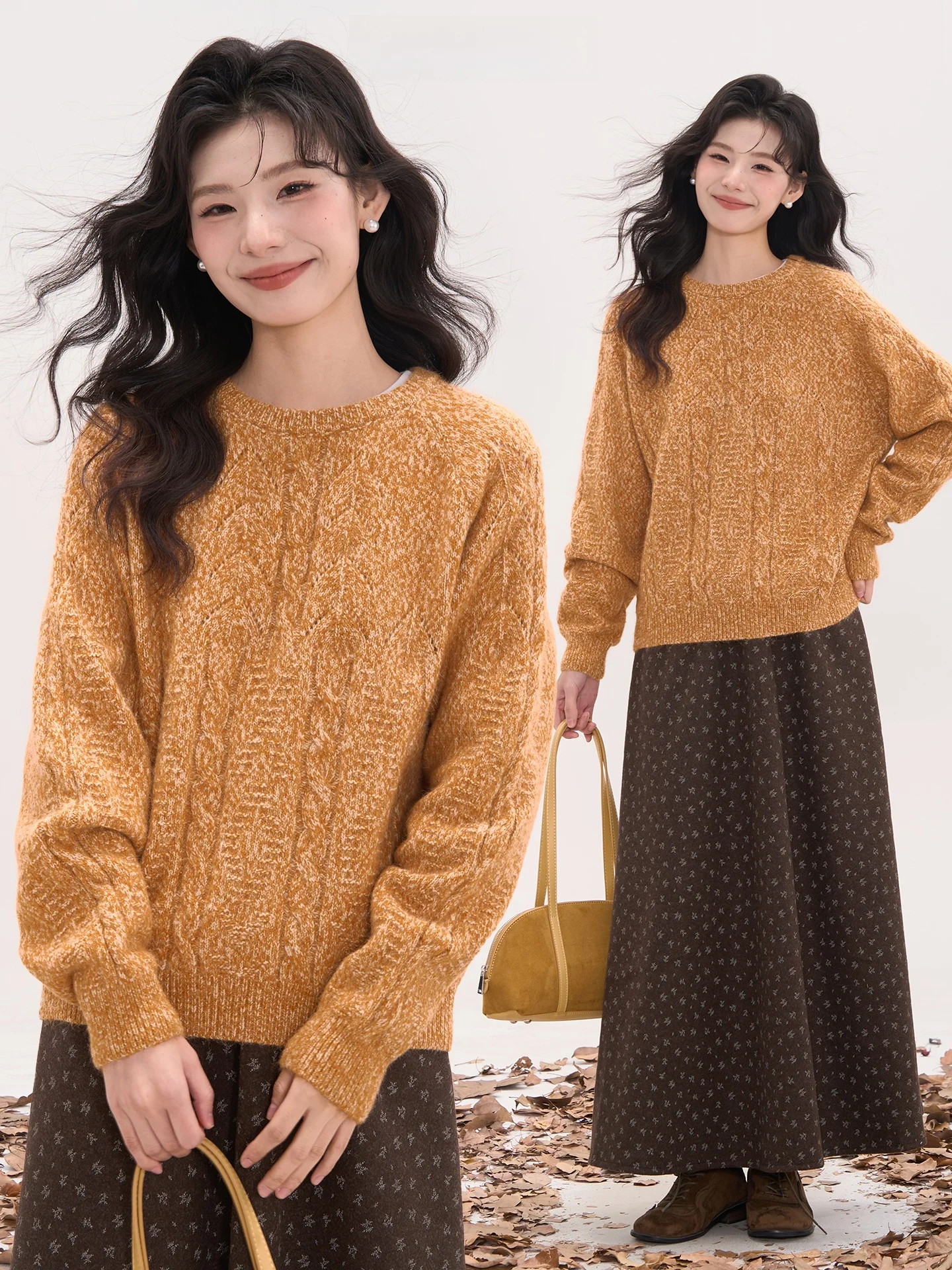 

Heme Rabbit Fur Twist Sweater Women's round Ne Casual All-Match Warm Cotton Long Sve Loose Fit Faionable Winter Top