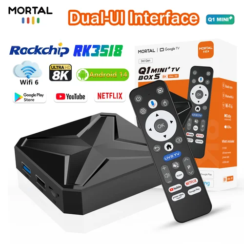 Decodificador caliente Q1 MINI + interfaz de doble UI Android Box Android 14 Rockchip RK3518 4K 8K HD BT 5,4 WiFi dual caja de tv inteligente