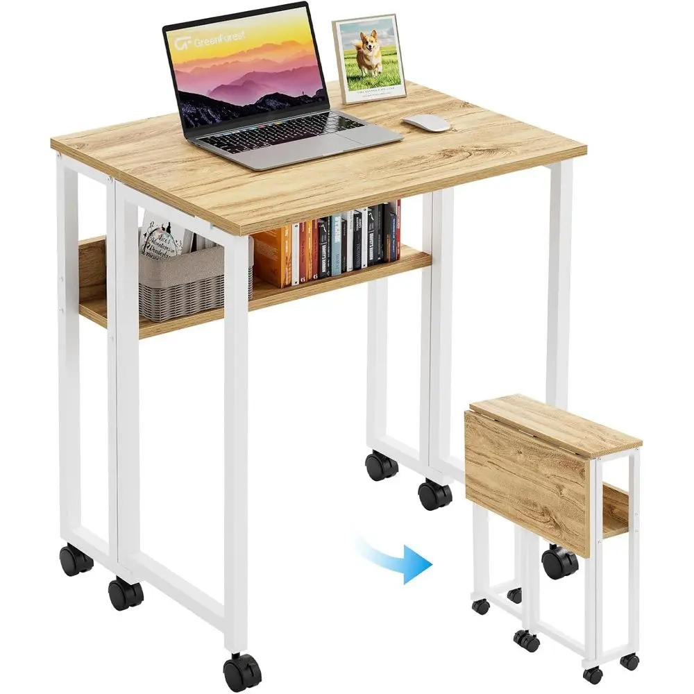 

olding Desk Small Rolling Desk with Storage Shel,24.8 inch oldable Computer Desk with Wheels or Small Space,Easy Assembly,Oak