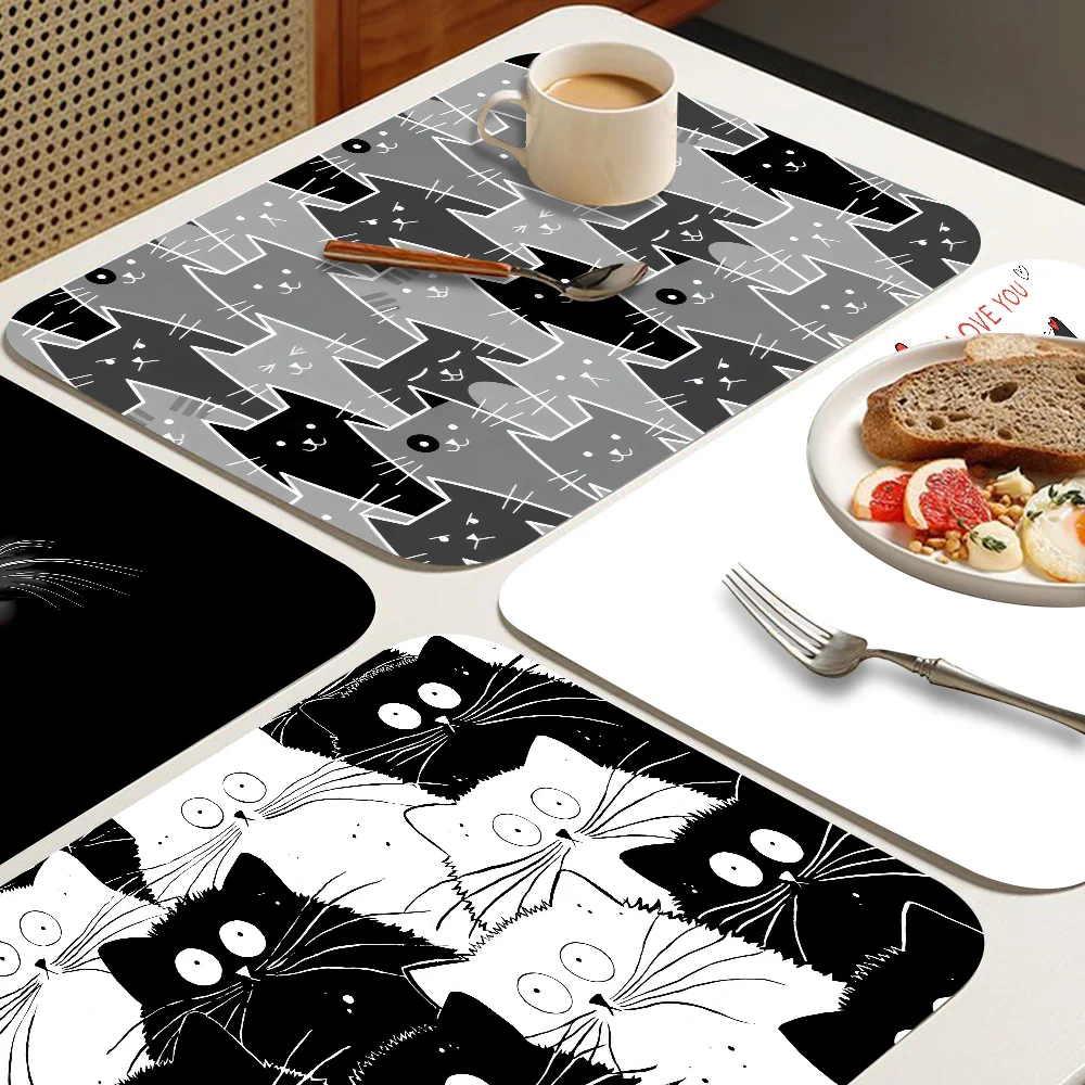 

Black And White Cat Kitchen Draining Mat Non-slip Drain Dish Mats Coffee Pad Heat Resistant Placemat Dinnerware Dustproof Pads