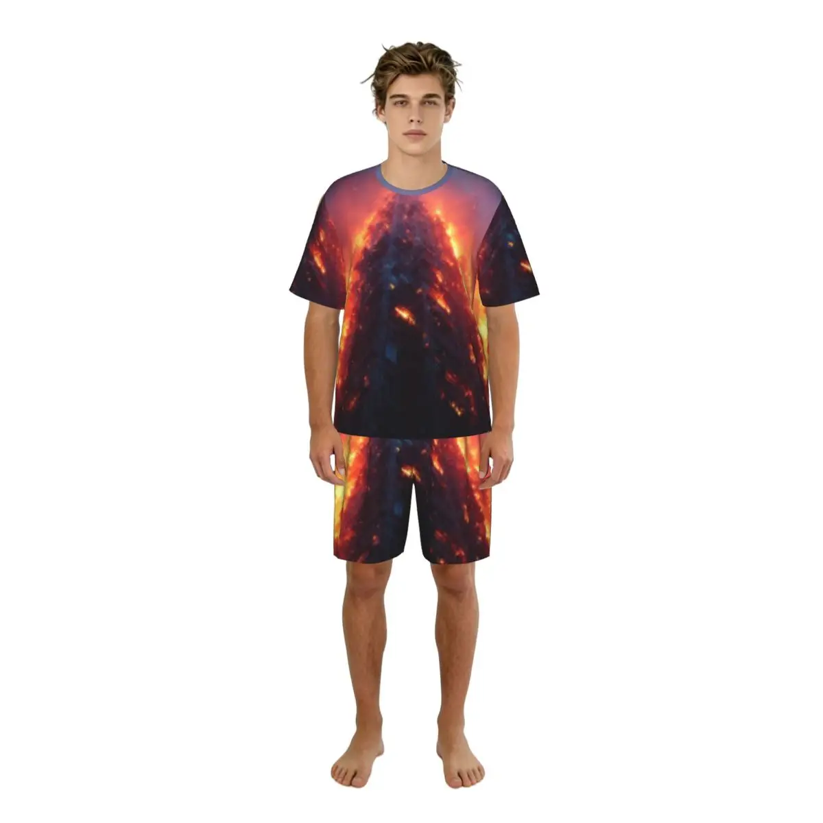 Men's Casual Pajama Set Short Sleeve T-shirt Shorts Dramatic Eruption Home Clothes Sleep Suit