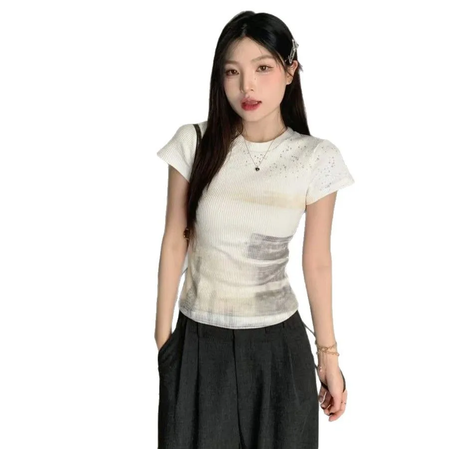 قميص نسائي بأكمام قصيرة وتصميم تاي داي ضيق، نمط عصري للأعمال والمنزل، مصنوع من النايلون والليكرا، أكمام عادية، قمة أنيقة للصيف