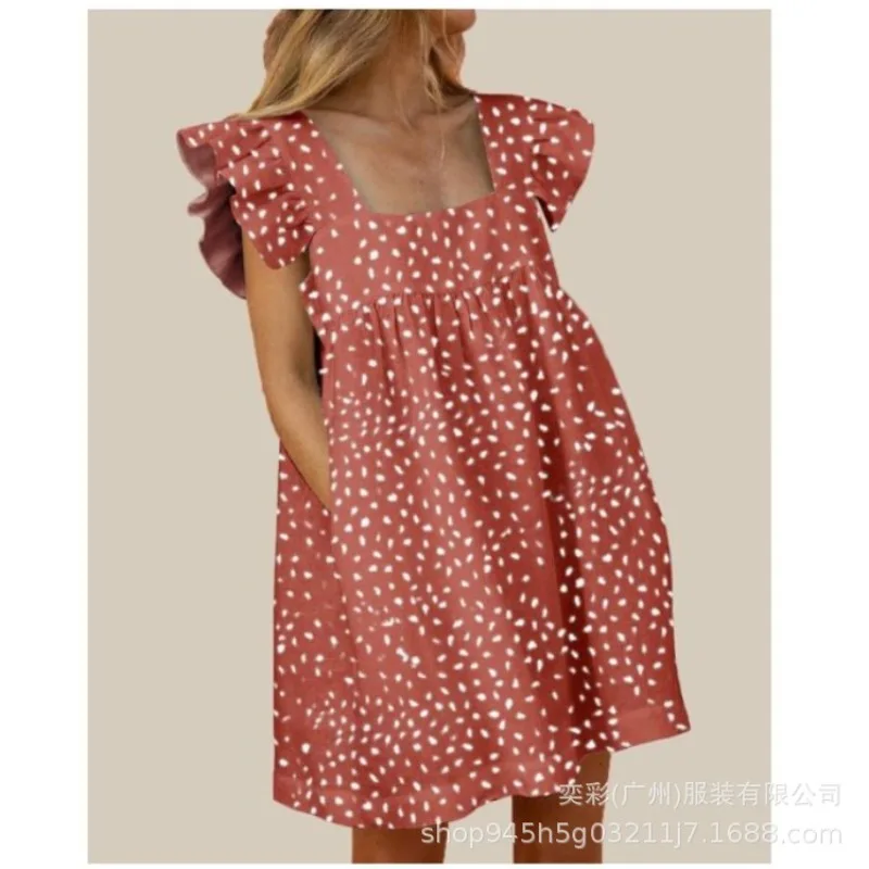 Summer New Dress Floral Printing Color Matching Square Neck Ruffle Edge Sleeve Solid Pendulum Dress for Women