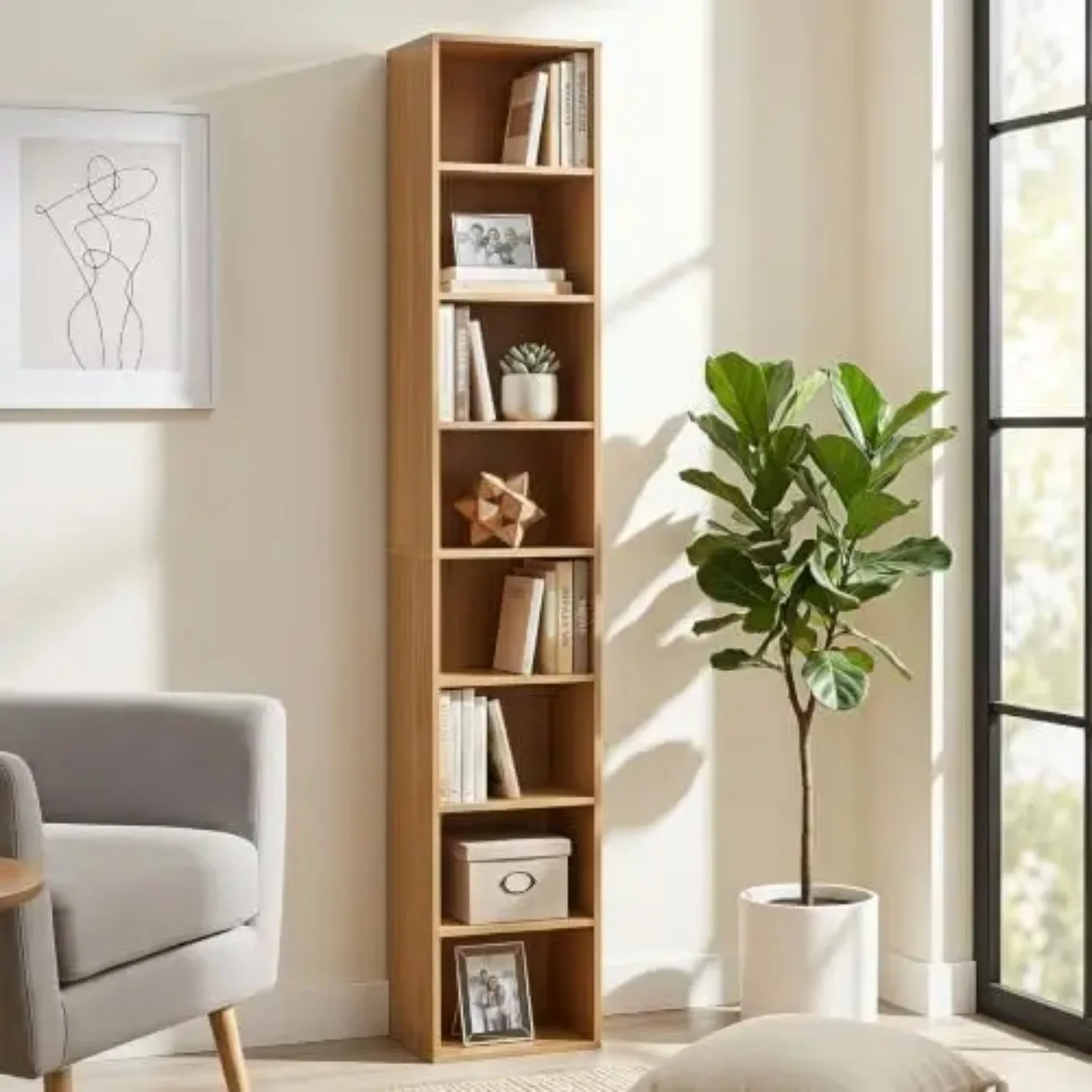 8-Tier Slim Media Tower Rack, Tall Narrow Bookcase, Natural | Skinny CD DVD Storage Cabinet with 4 Adjustable Shelves