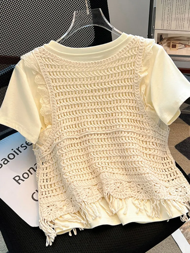n Sle Knitted Cover up Vest Hollow out Tassel ort Sve Women's Two Piece Set Casual Comfortable Cotton Blend