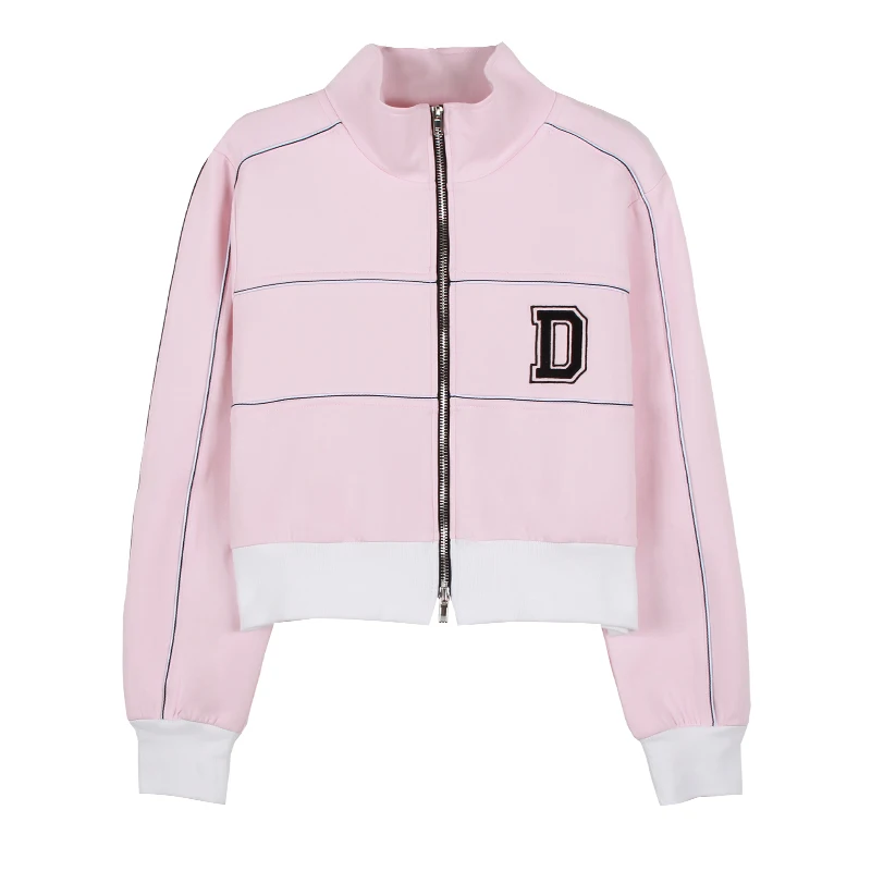 Chaqueta deportiva con bordado de letras para mujer, abrigo Retro americano rosa, solapa corta, cremallera suelta informal, costura de cremallera, primavera y otoño