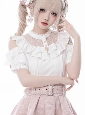 

Japanese Style Girl's Lace Pearl Off-Shoulder Short Sleeve Shirt Cute Bowknot Solid Color Versatile Mass-Produced Lolita Tops