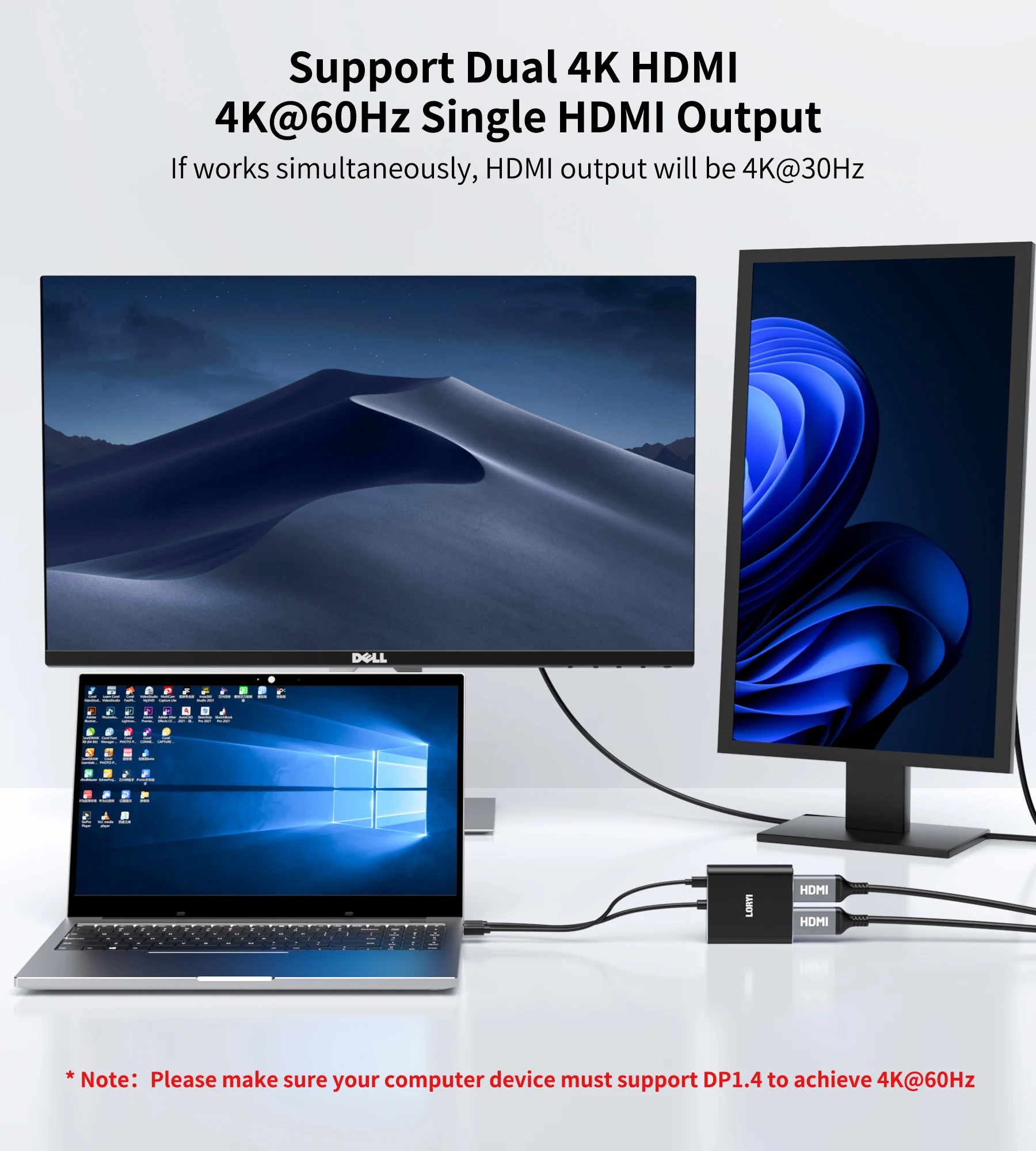 미니 디스플레이 포트 to 듀얼 HDMI 허브, MDP 1.2 to 2 * HDMI 스플리터, 확장 모드/미러 모드, 노트북 모니터 프로젝터 PC용, 4K @ 60Hz