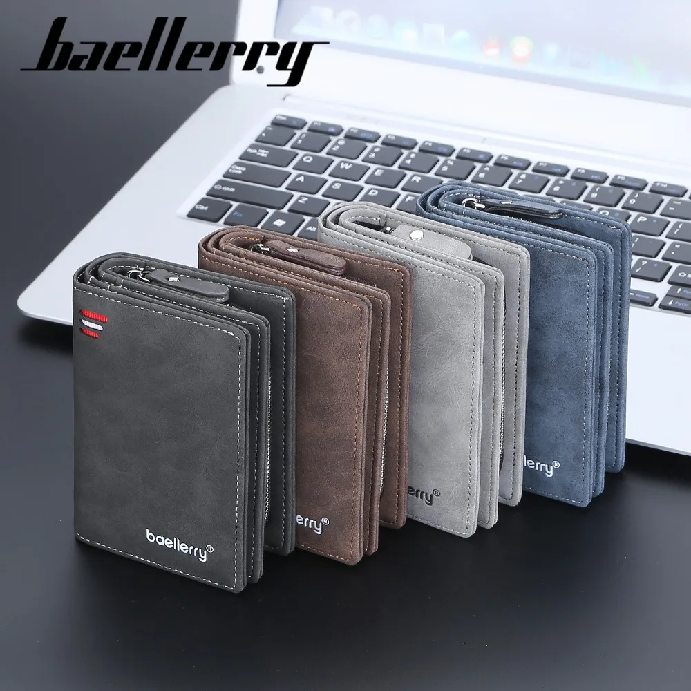 Baellerry Anti-Theft Men's Short Wallet Hidden Clasp Slim PU Leather Custom ID Slot Gift for Husband