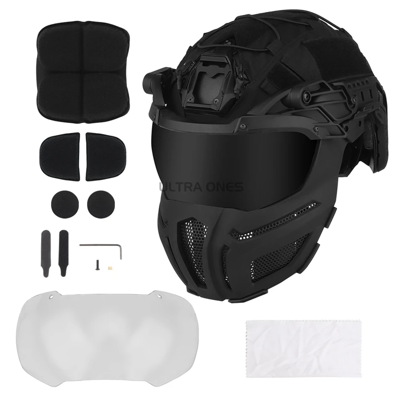 2 Lens Airsoft Full Covered Helmets Assault Tactical Helmet with Removable Mask Helmet Cloth Hunting Shooting CS FAST Helmet Set