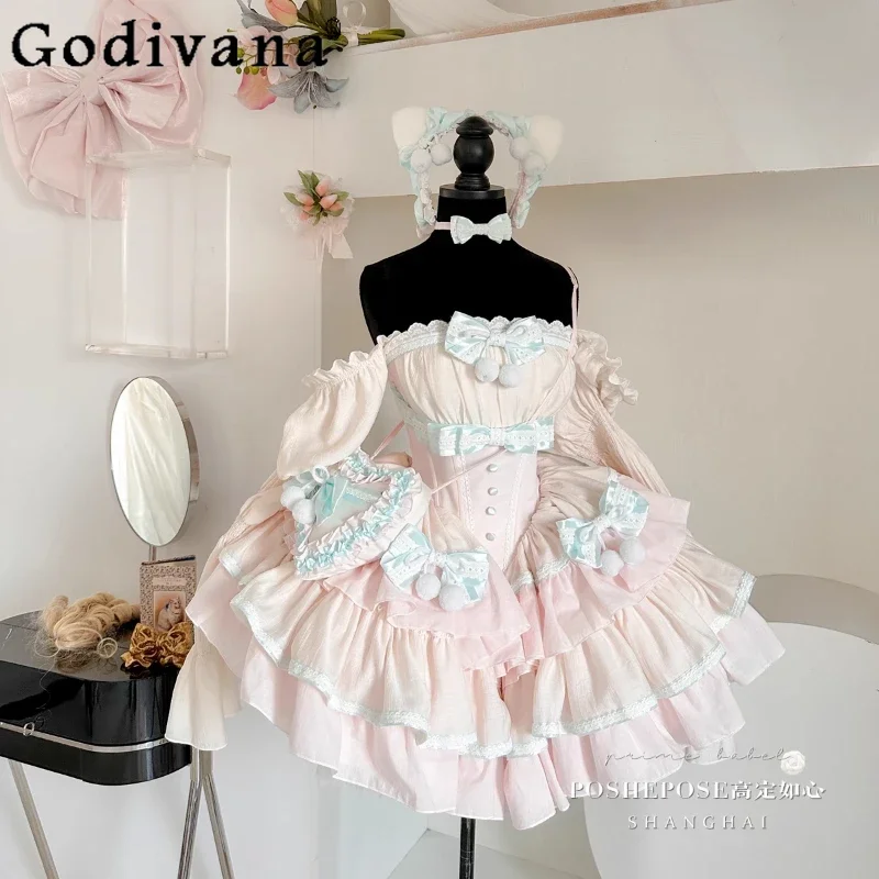 

Heavy Industry Pink Princess Lolita Dress Women's Bow Sweet Girls Sleeveless Mini Birthday Party Dress with Love Bag Summer