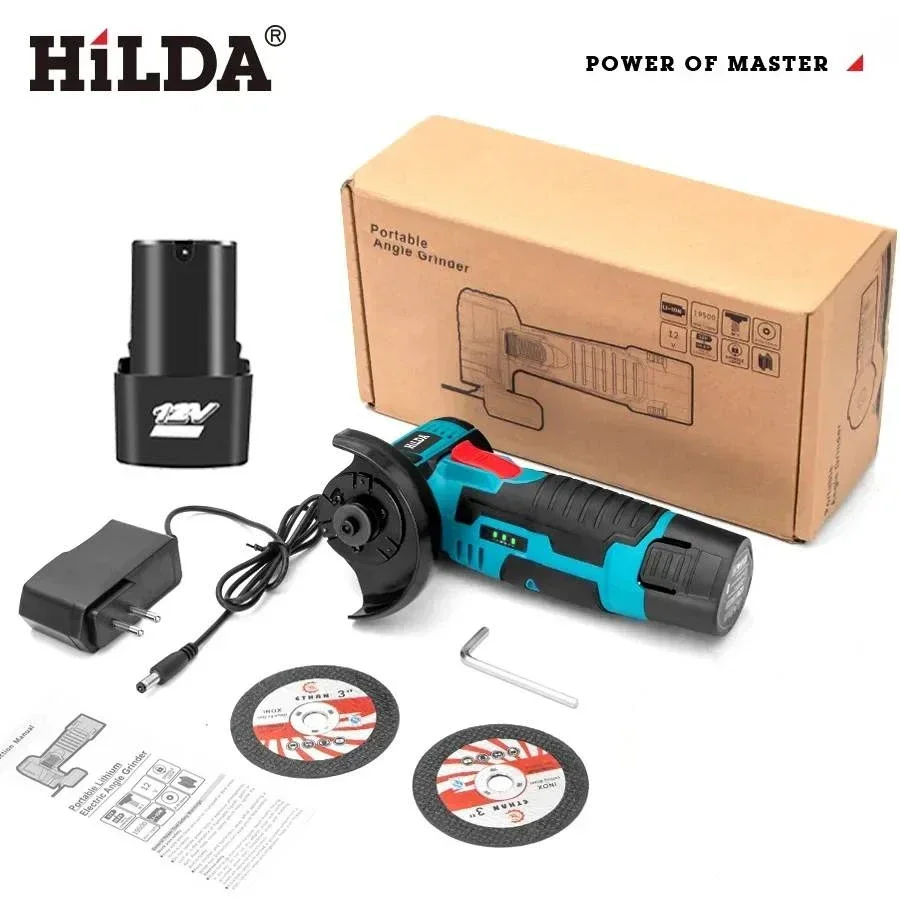 HILDA 12V 3/4 Inch Lithium Electric Angle Grinder Rechargeable Battery Brushed Polishing Machine Mini Cutting Machine