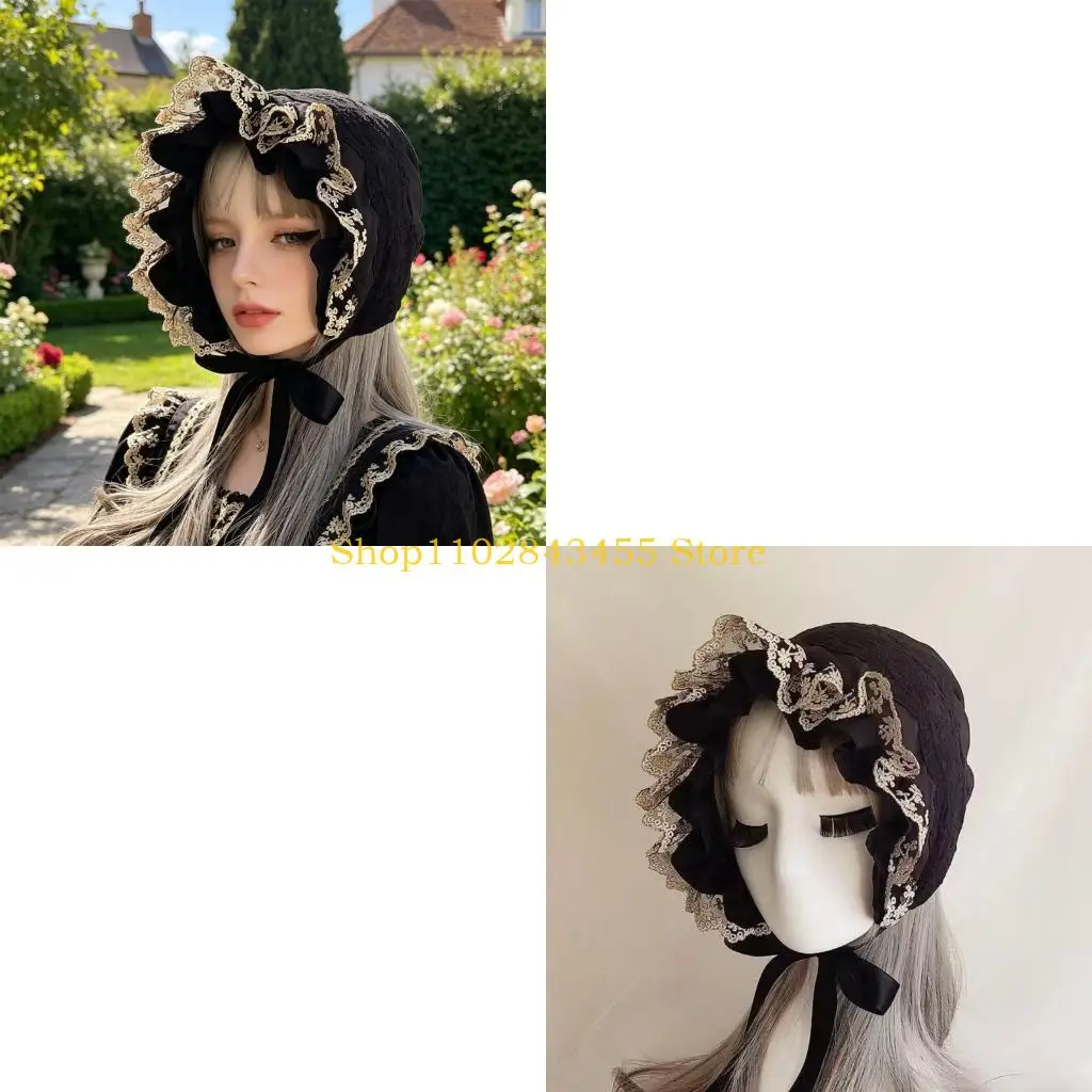 49MC Gathering Wear Bonnet Cap with Lace Ruffled Brim and Chin Ties, 55-60 Hat for Decorative Outfit Styling