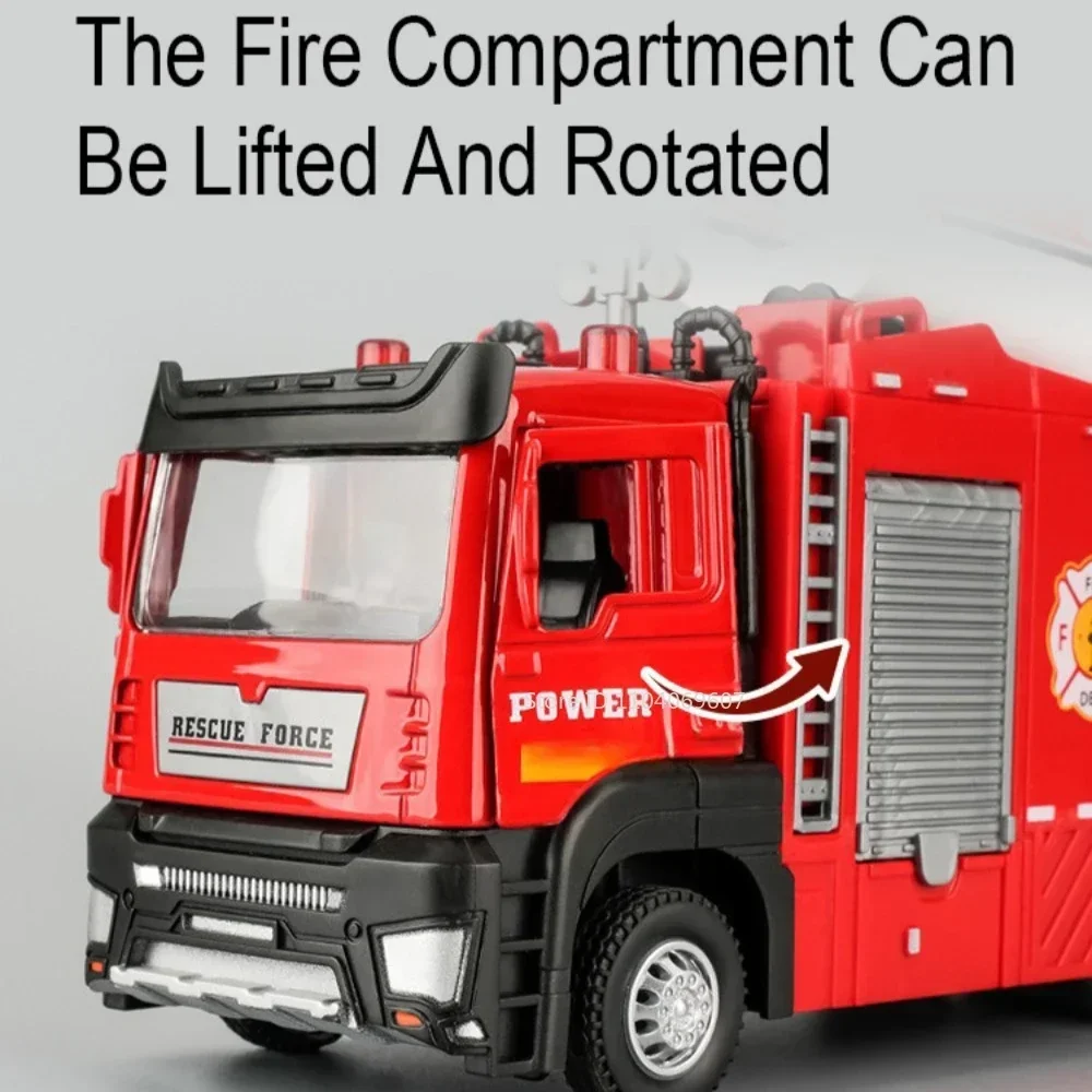1:32 motor de bombeiros liga diecast modelo carro brinquedos 2 portas abertas som luz puxar para trás spray modelos de veículos de engenharia para o presente do miúdo