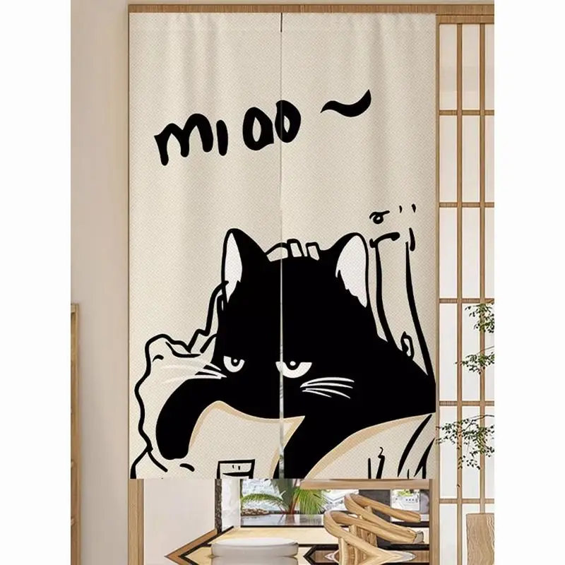 Simple Black Cat Door Curtain, Fun Black And White Cartoon Cat, No Punching Entrance, Bedroom Privacy Partition Curtain