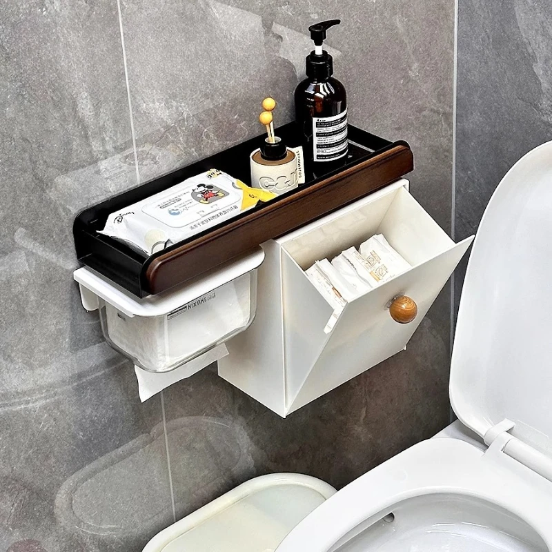 No Drill Bathroom Organizer Set,Wall Mounted Toilet Paper Holder,Waterproof Shower Shelf&Multi-Function Cabinet Storage Caddy