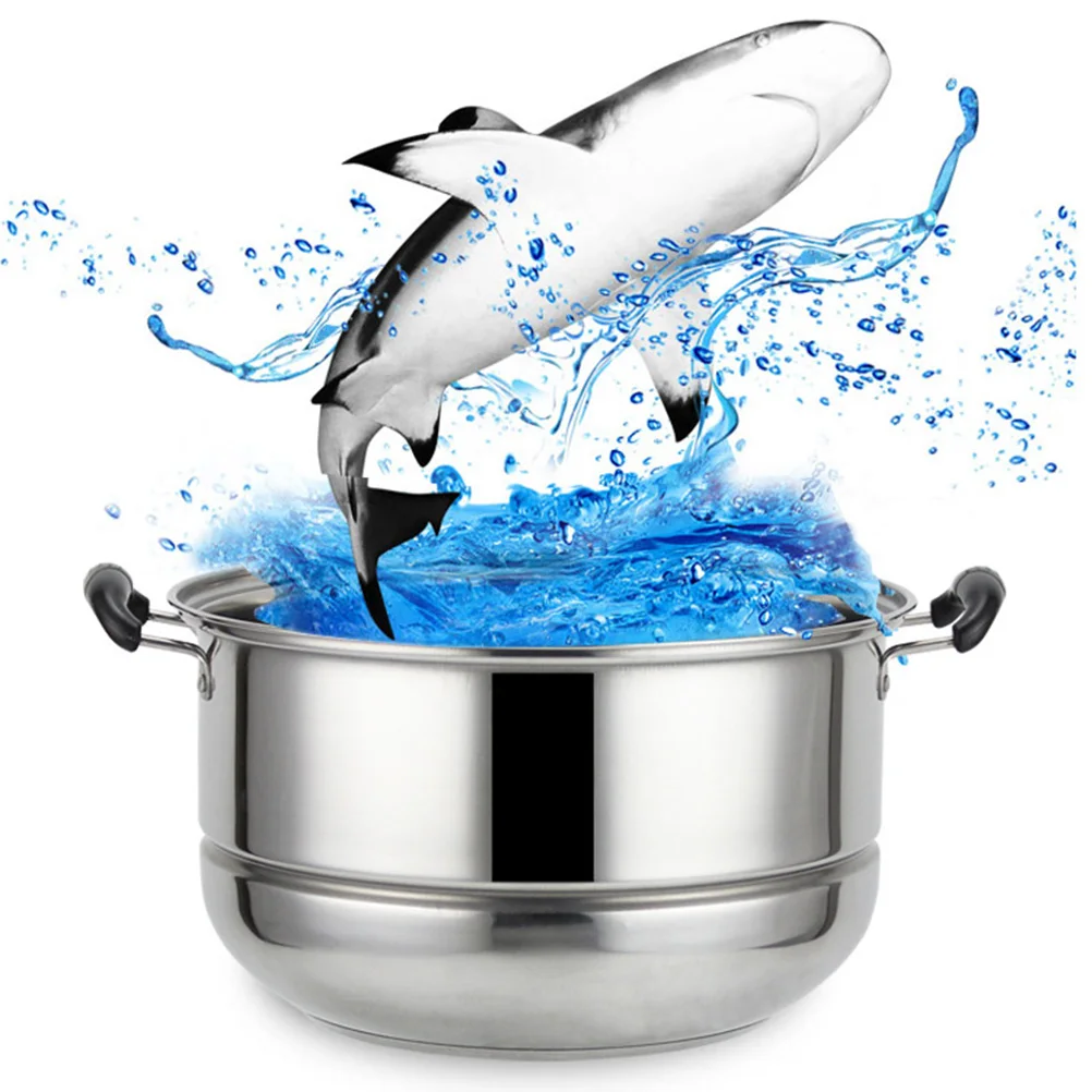 

Stainless Steel Three Layer Steamer Soup Cooking Pot 28Cm Double Bottom Heat Resistant Handles Seafood Rice Vegetable