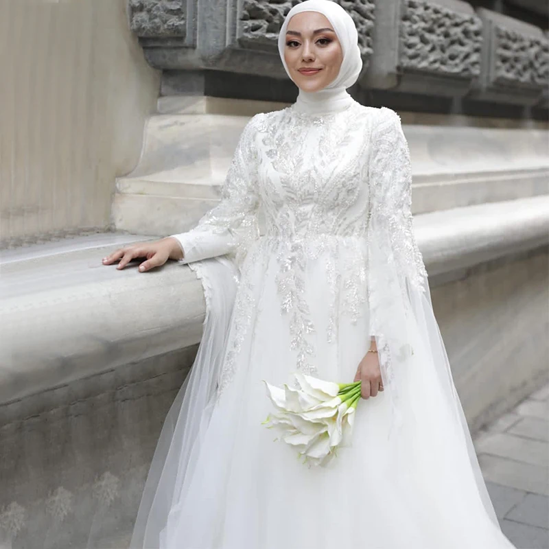 White Wedding Dresses for Hijab Women High Neck Long Puff Sleeves Sweep Train Appliques Sequined Beading Muslim Bridal Gowns