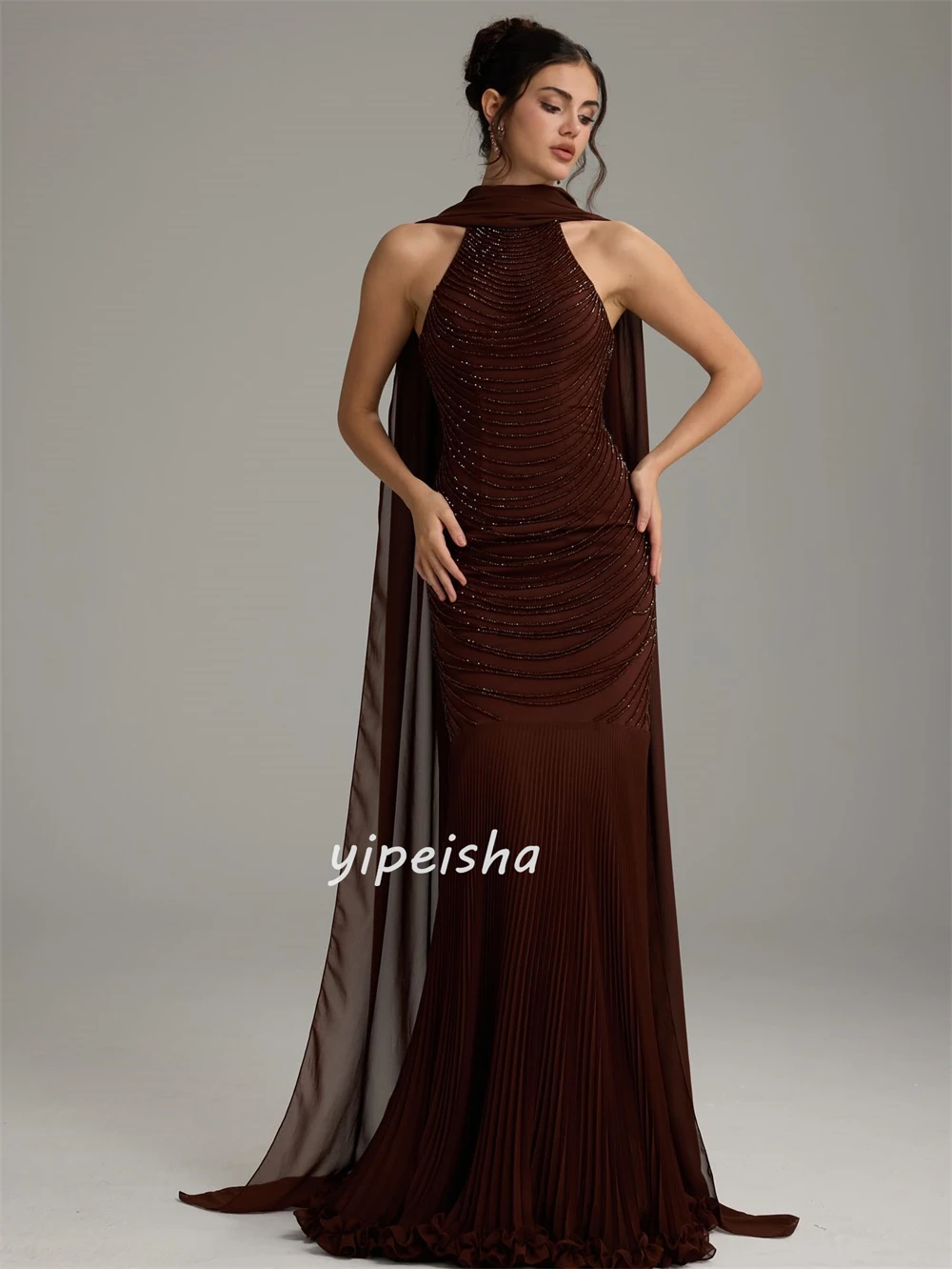 تخصيص أنيقة معقدة الشيفون الديكور Ruched حورية البحر عالية الياقة فساتين طويلة فساتين السهرة الأحجام المتاحة مطابقة