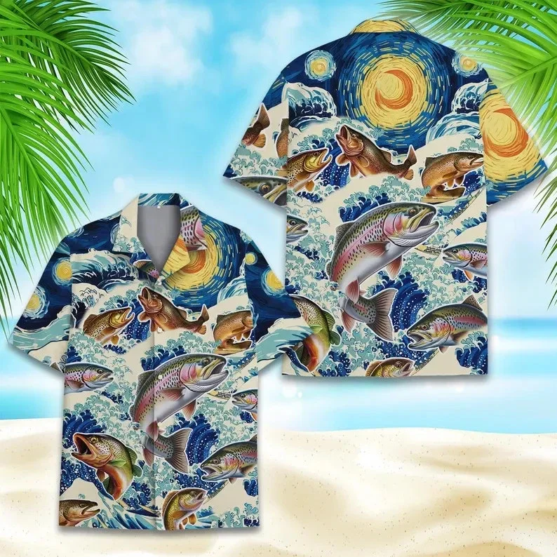 

2026 New Summer Men's Hawaiian Shirts Fish Print Short-sleeved Loose Vacation Beach Shirts Trendy Casual Vacation Shirt Top