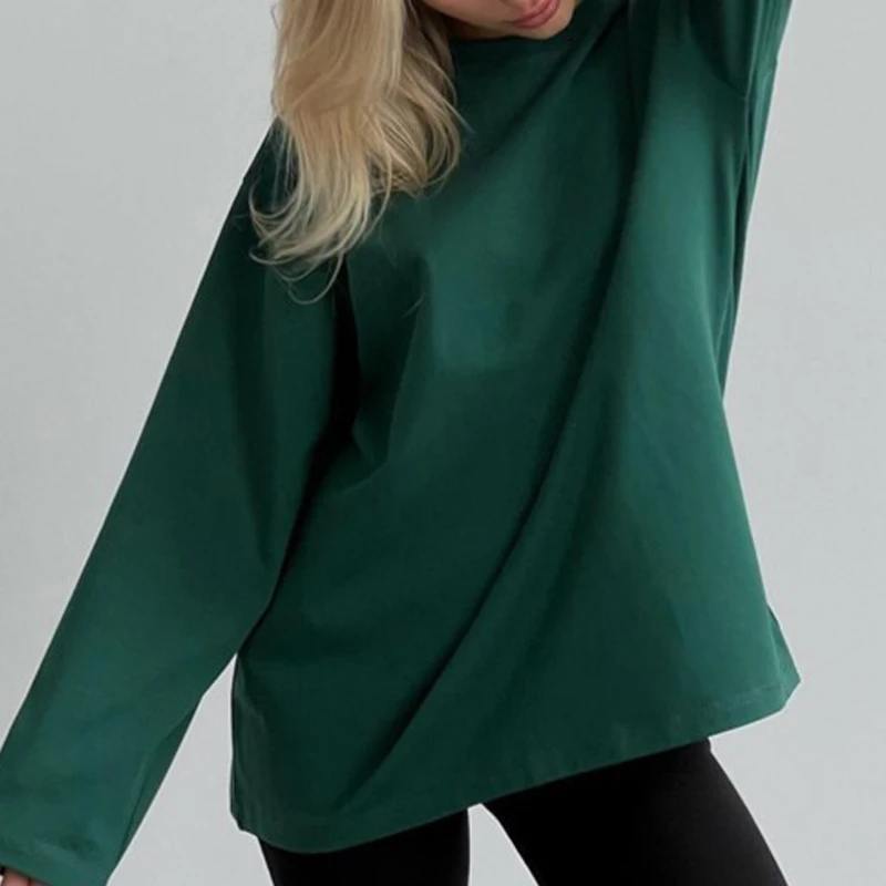 FADDISH 2024 Spring Autumn Women Fashion Round Neck Long Sleeve T-Shirts Ladies Solid Color Casual Loose Cotton Tees Tops Female