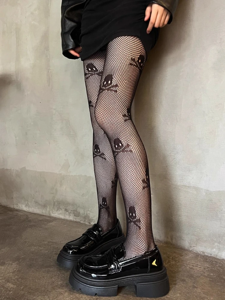 المرأة الشرير القوطية الجمجمة نمط الجوارب رقيقة شير مثير شبكة جوفاء التدريجي جوارب شبكية النمط الياباني JK لوليتا جوارب طويلة #4