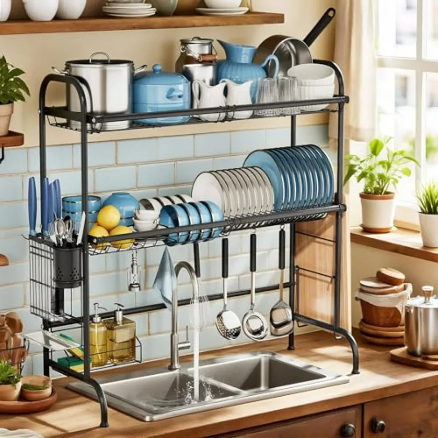 

Over the Sink Dish Drying Rack - Stainless Steel 2 Tier Expandable Length Large Dish Rack with Utensil Holder Black 32.3 - 33.9
