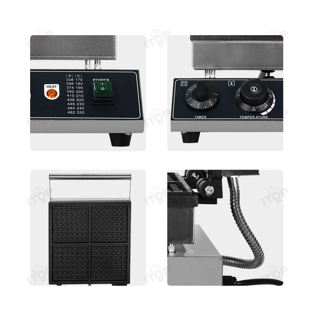 ITOP 4 pcs Commercial Waffle Machine Non-Stick Double-Sided Constant Heating 1750W Each Waffle Size about 11*11 cm