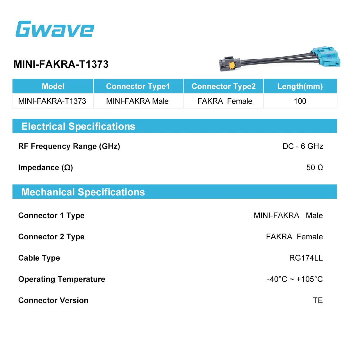 Gwave MINI-FAKRA Male FAKRA Female Cable 50 Ohm Impedance RG174LL DC-6GHz 100mm Length Test Measurement Use RoHS Compliant