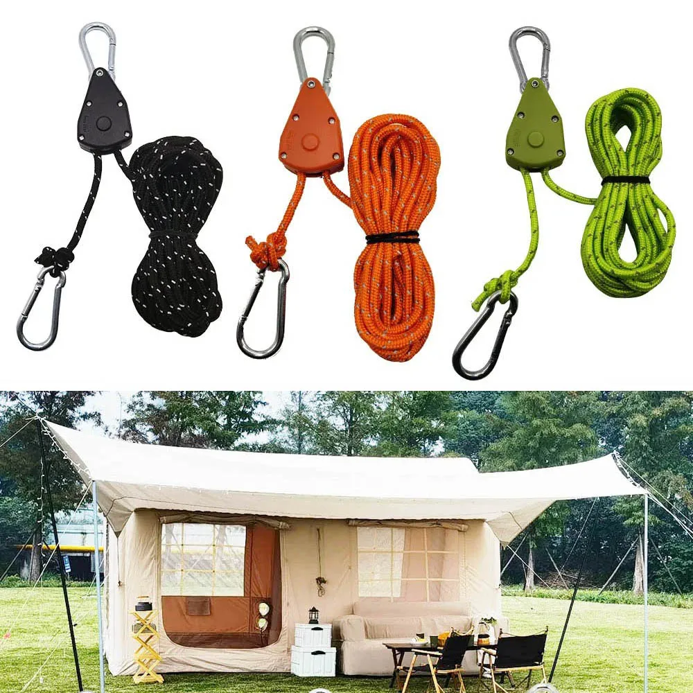 4Pcs 4mm Camping Reflective Tent Tie Down Rope Tightener Fastening Wind Rope Buckle Pulley Ratchet Awning Rope Hook