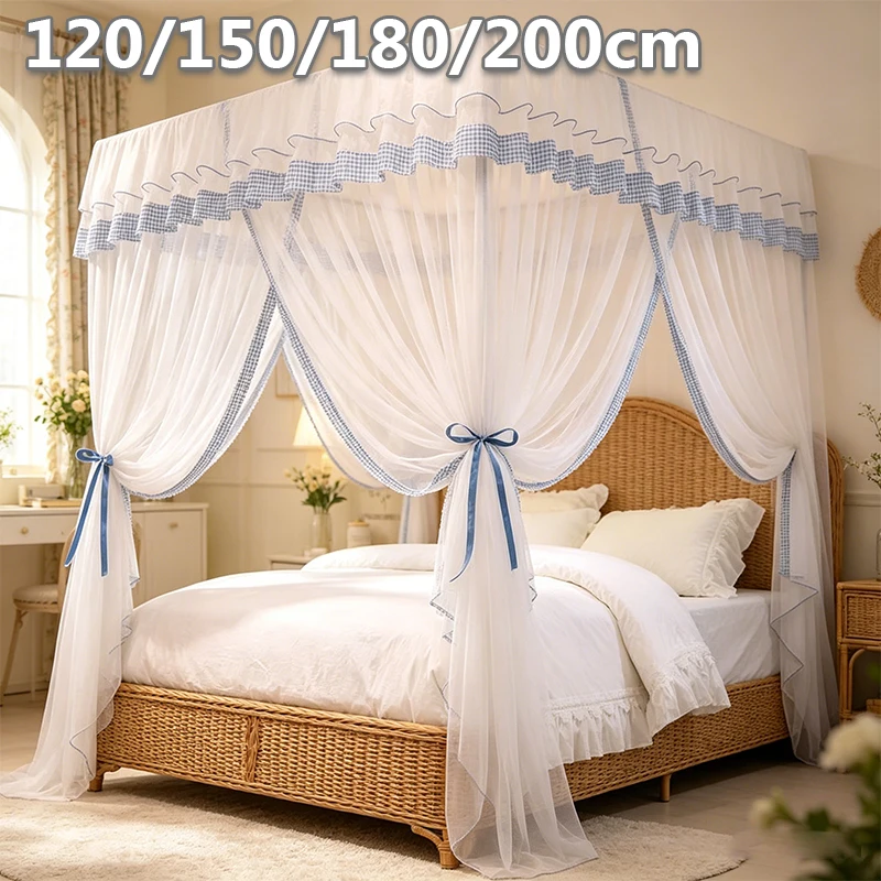 Princess Lace Bed Mosquito Net 3 Side Openings Four Corner Canopy Netting Carbon Steel Bracket for Double King Size Bed Summer
