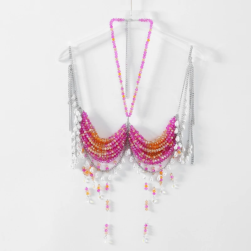 2026 New Arrival Women Body Jewelry for Festival Handmade Crystal Bralette With Tassel Dangles Beaded Halter Body Chain Bra