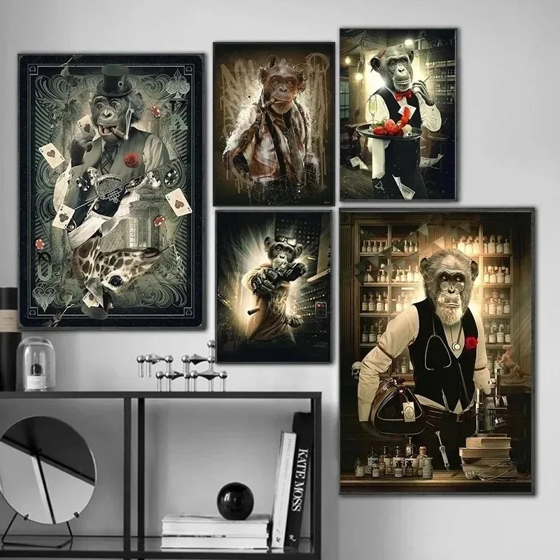 Abstract Animal Wall Art Posters Graffiti Art Smoking Monkey Playing Cards Billiard Room Bar Canvas Painting Parlor Decoration