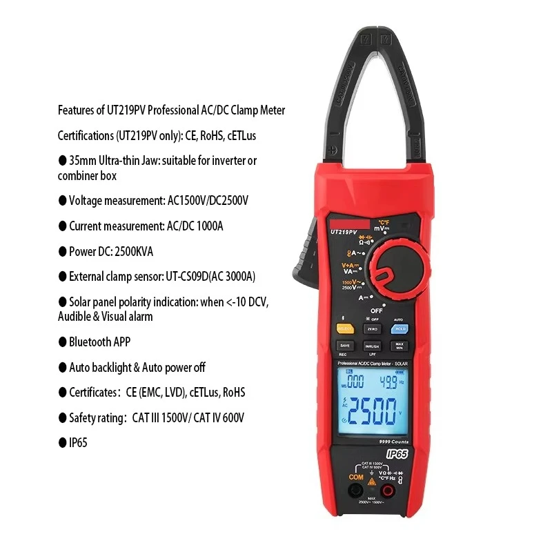 AC/DC Clamp Meter 1000A 1500V AC/2500V DC 35mm Jaw Opening, Solar PV Multimeter for Photovoltaic System Maintenance