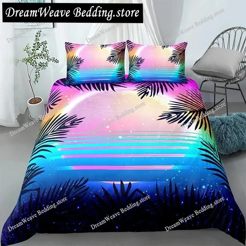 

Tropical Coconut Palm Tree King Queen Duvet Cover Hawaii Seaside Sunset Bedding Set Sunrise Plant Polyester Quilt Cover