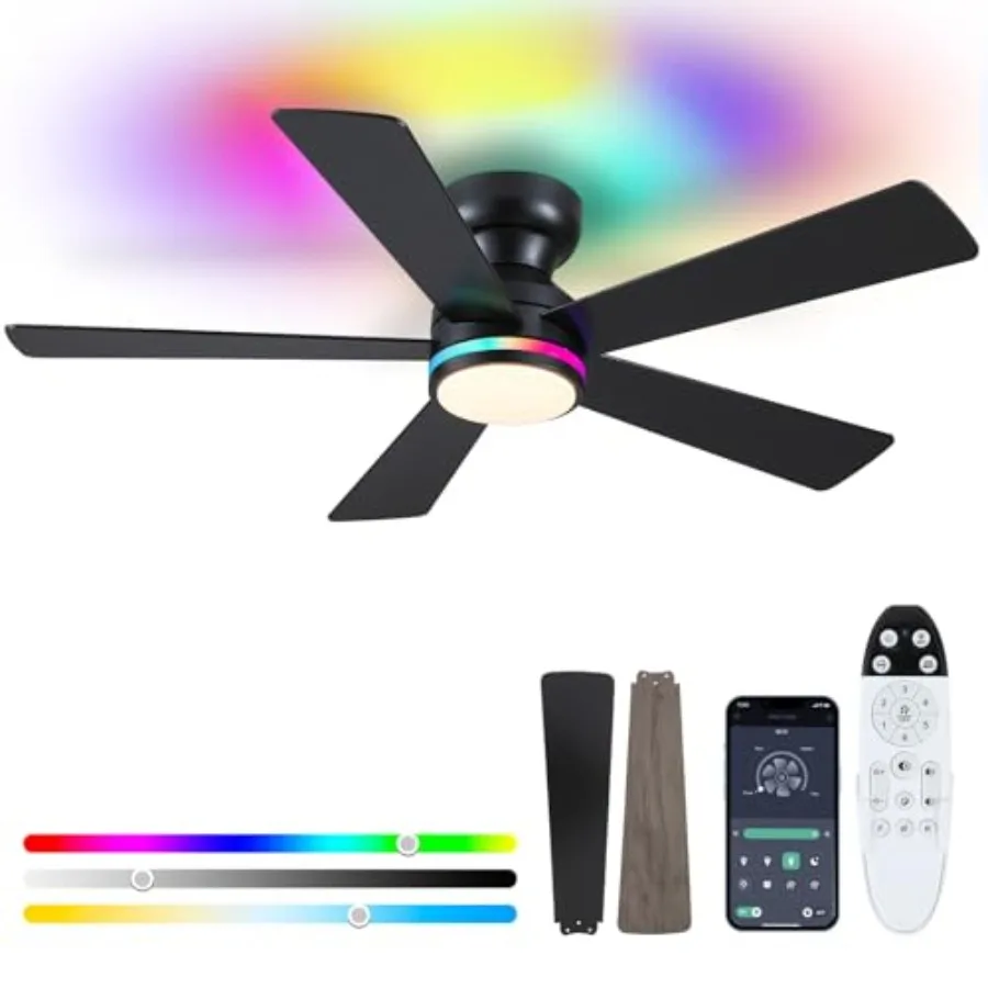 

Ceilg Fans with Lights -"Flush Mount Ceilg Fan with Remote APP, RGB+3CCT Dimmable Led Light, Reversible 6 Wind Speedsand2H Time