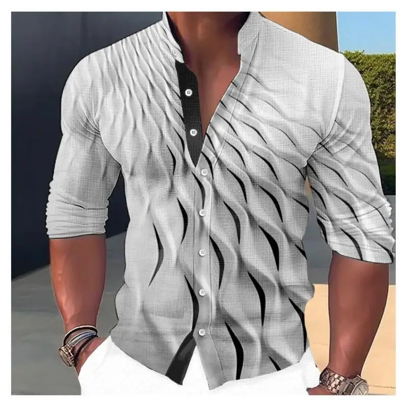 Men Casual Shirt Long Sleeves Men Top V Neck Stand Collar Men Casual Shirt Button Closure Summer Breathable Male Top Office Wear