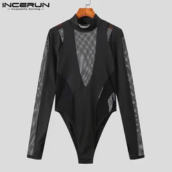 INCERUN Men Bodysuits Mesh Patchwork Transparent Turtleneck Long Sleeve Sexy Rompers T Shirt Men 2023 Fitness Party Bodysuits