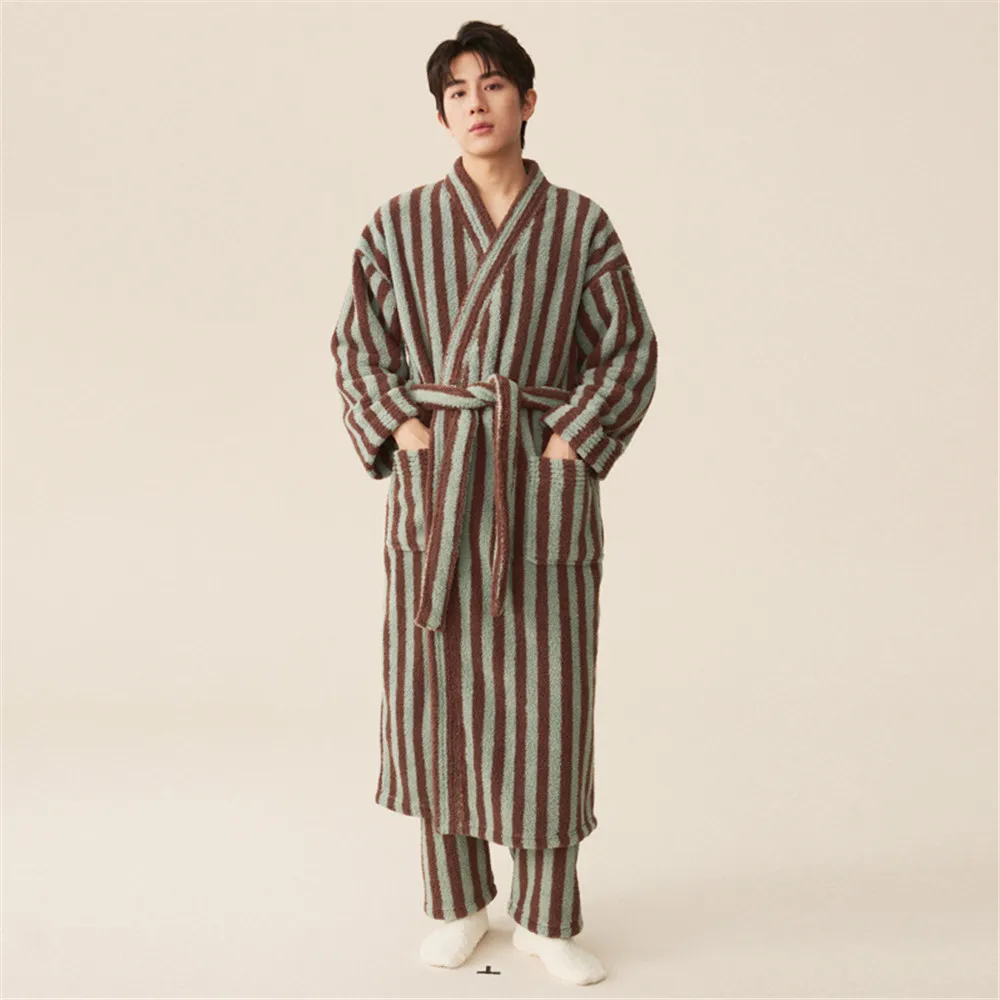 

Couple's Coral Fleece Robe Pants Women Men Thickened Flannel Autumn Winter Sleepwear Striped Morning Bathrobe Home Comfortable