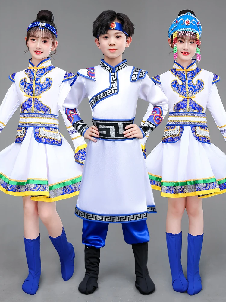 

Детский монгольский танцевальный костюм, этническая одежда, белый костюм для выступлений в стиле степи для девочек