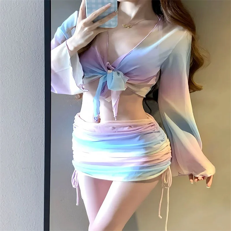 

Candy Colored Cute Style Bikini Beach Vacation Hot Spring Soft Cup Long Sleeved Cover Up Shirt Hanging Neck With Skirt Swimsuit