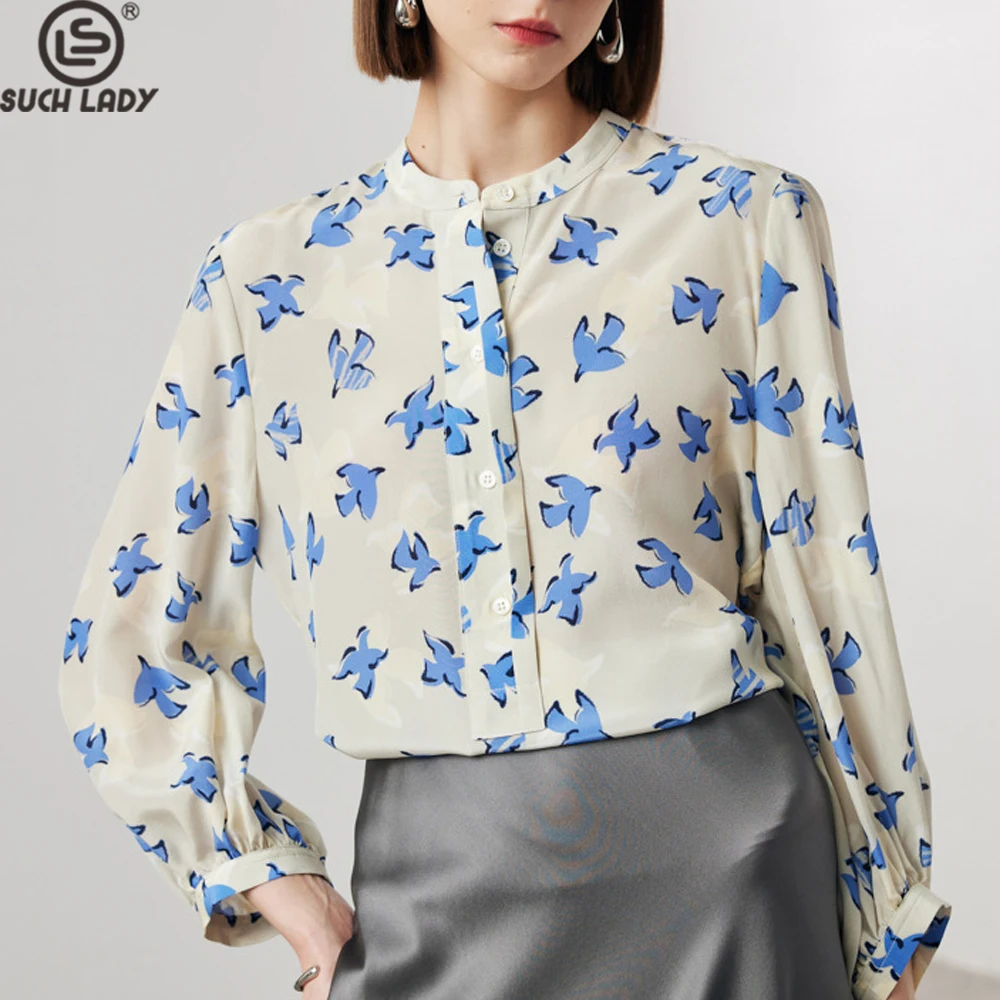 

100% Natural Silk Women's Shirt O Neck Long Sleeves Printed Elegant Quality Blouse Tops