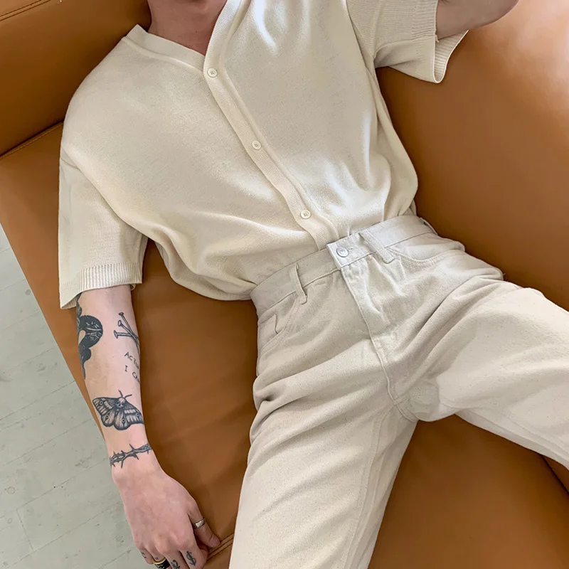 

Short Summer Sleeve Single Breasted V Collar Men's T-shirt Loose Korean Casual Thin Ice Silk Trend Tee Tops 2022 New 2Y8778