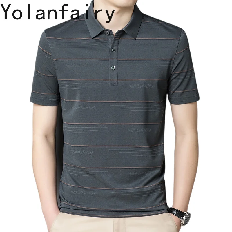 YOLANFAIRY 10% Mulberry Silk Mens T Shirt Polo Shirt for Men Cotton T Shirt Men Summer Tops Mens Clothing Polos Hombre Loose Fit