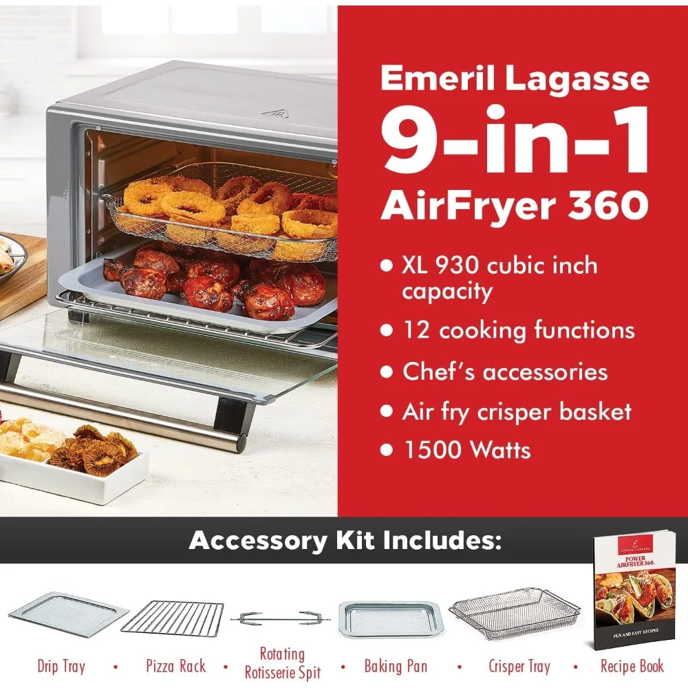 360 Luchtfriteuse, 360 ° Snelle Kooktechnologie, Xl-Capaciteit, 12 Vooraf Ingestelde Kookfuncties Inclusief Bakken, Rotisserie. Gril, Pizza