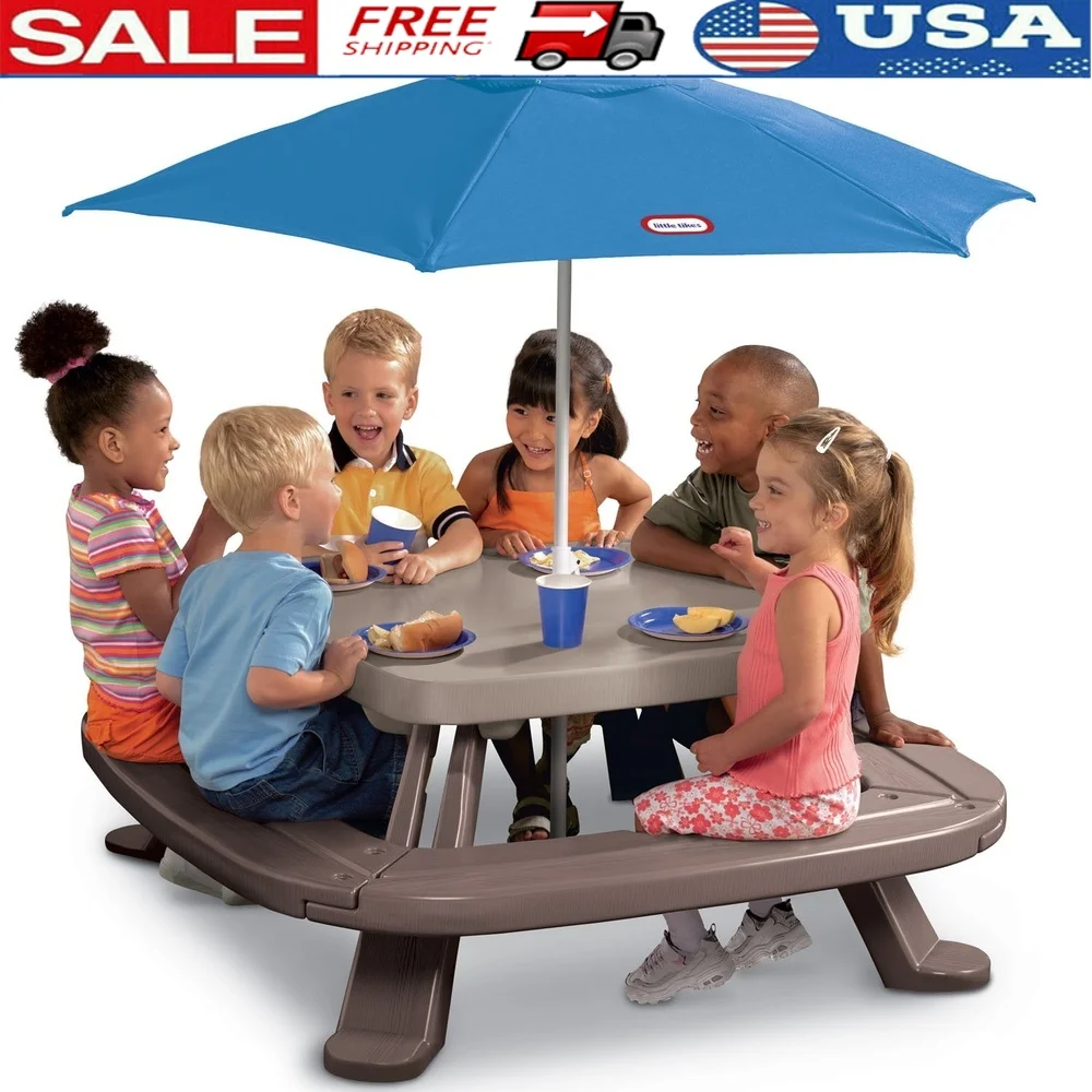 

Детский стол для пикника на открытом воздухе со складным зонтиком, идеальные игры для закусок, поделки, летние развлечения, компактные сиденья для хранения, 8 детей